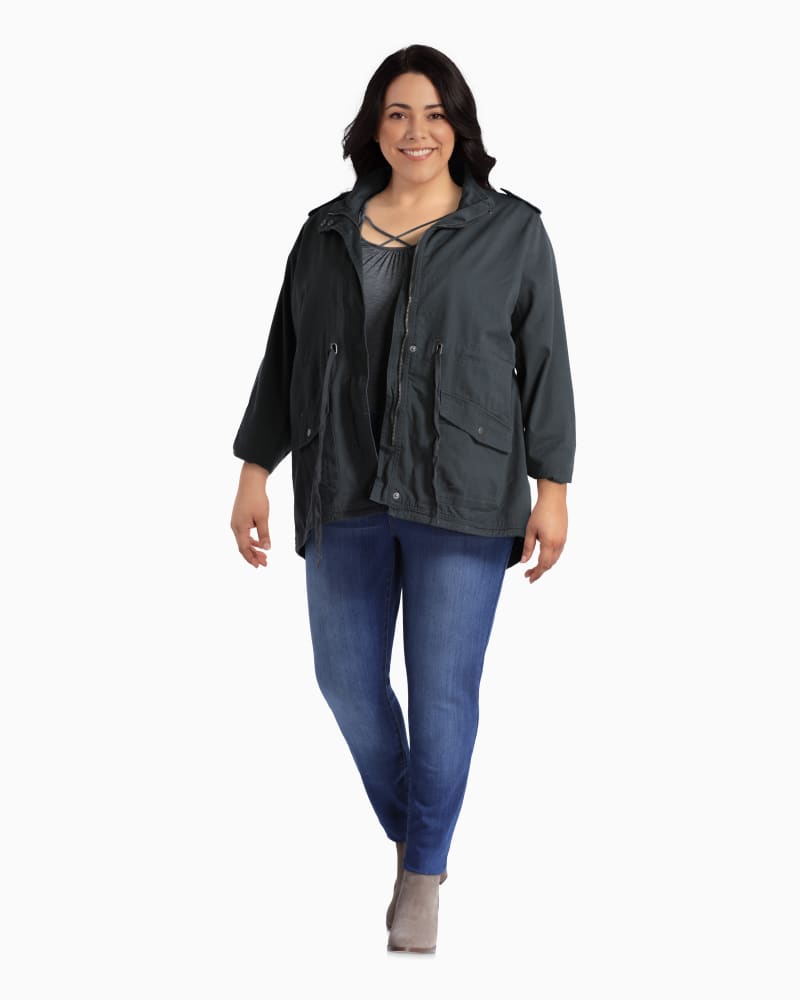 Plus size model with rectangle body shape wearing Evergreen Anorak Jacket by Molly&Isadora | Dia&Co | dia_product_style_image_id:110650
